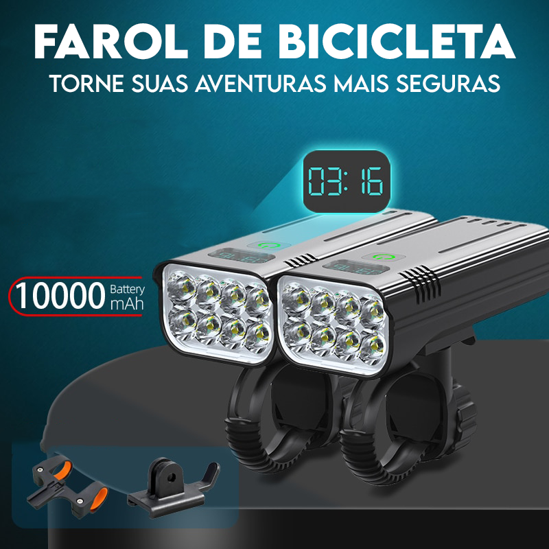 Farol de Bicicleta com 8 LEDs T6 6.400 Lumens Recarregável USB